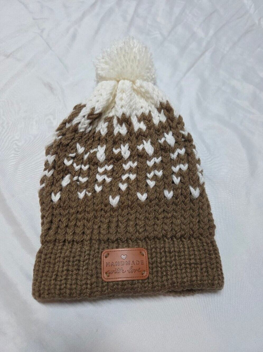 Brown and White Knit Pom Beanie - Handmade Style